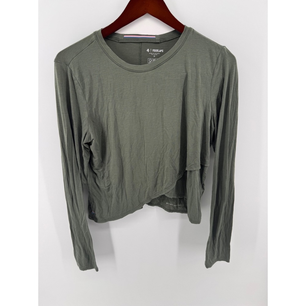 Fourlaps Re-Up Long Sleeve Wrap Front Cropped Active Top Olive Green Womens M
